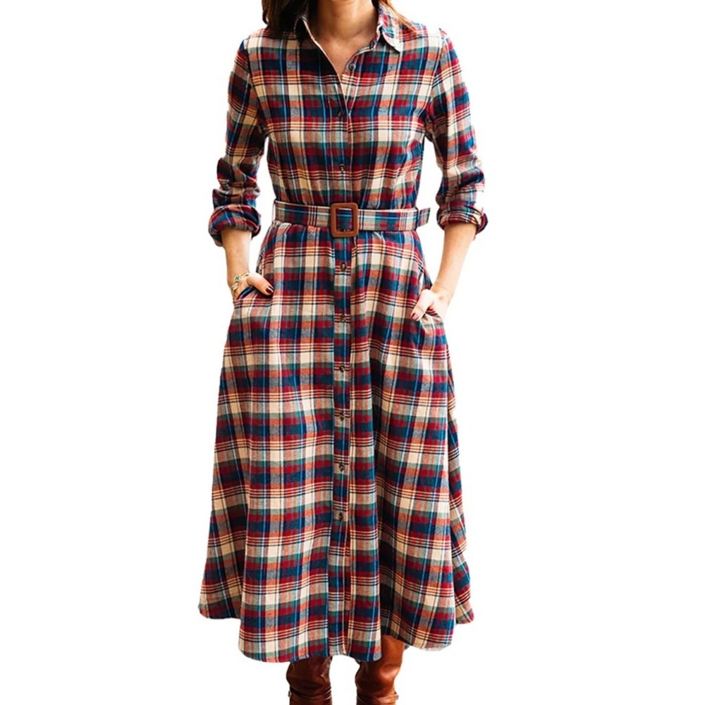 Cozy Cabin Flannels Kiel James Patrick Apple Cinnamon Plaid Maxi Dress Size 16